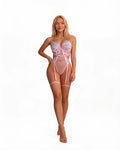 Body en tulle rose brodé de fleurs et jarretelles – Nina – porté