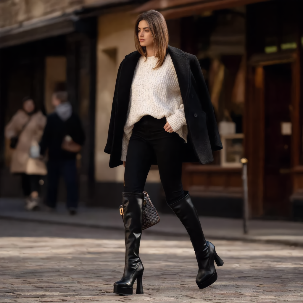 Women's Knee-High Boots – Chunky Block Heel and Platform