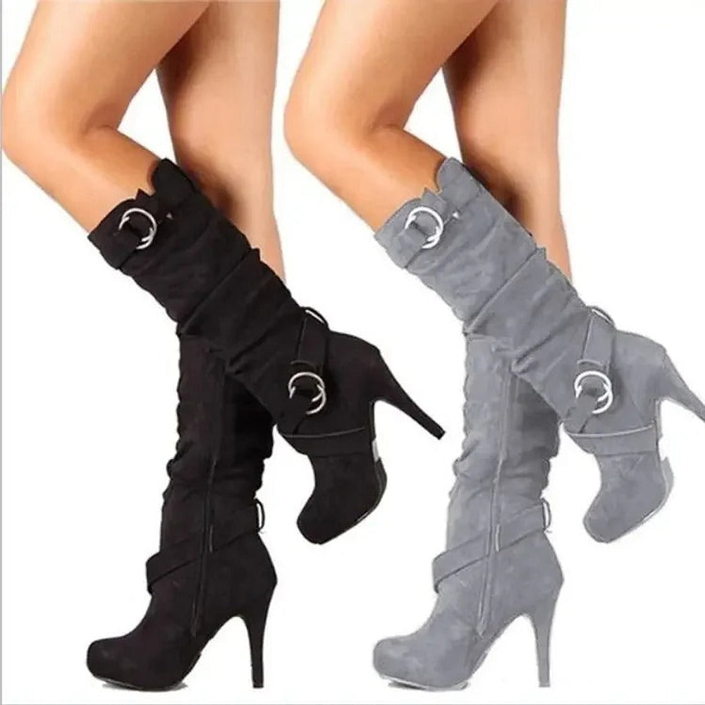 Bottes hautes à talon aiguille effet daim – 3 coloris – vue 1