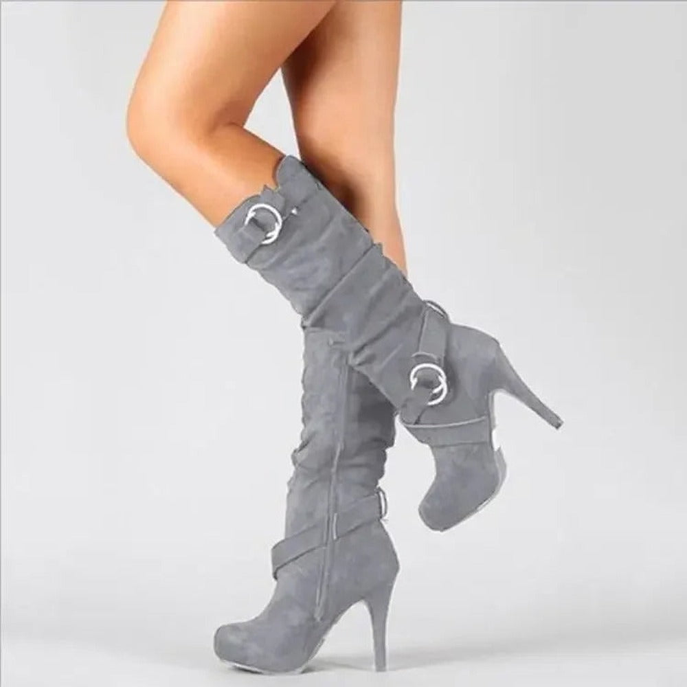 Bottes hautes à talon aiguille effet daim – 3 coloris – Gris