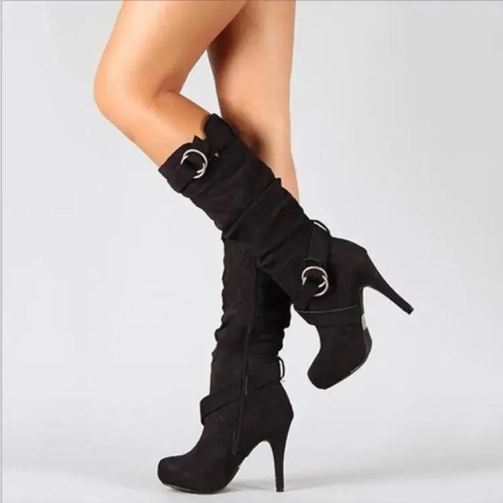 Bottes hautes à talon aiguille effet daim – 3 coloris – Noir