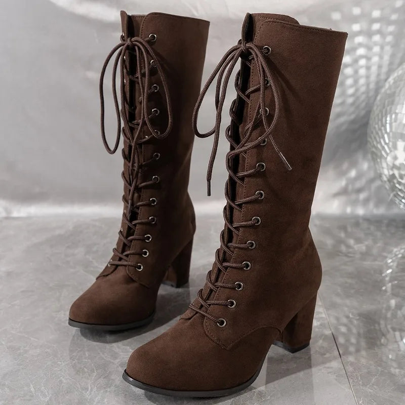 Bottes mi-mollet à lacets, talon carré effet daim – Marron