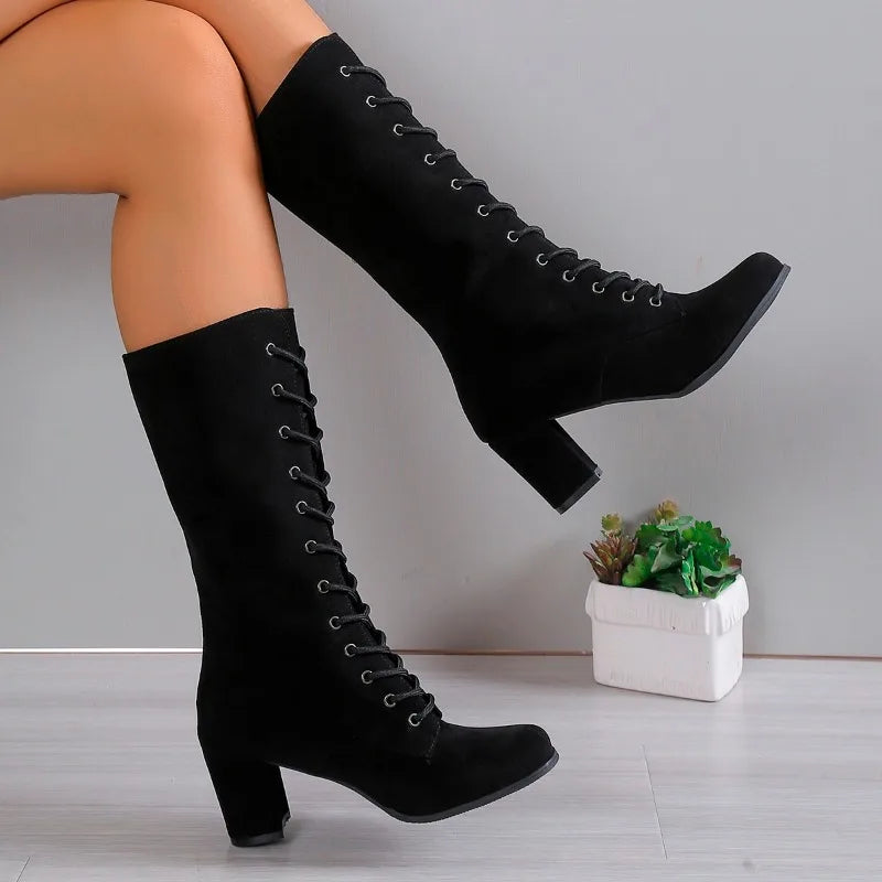 Bottes mi-mollet à lacets, talon carré effet daim – vue 2