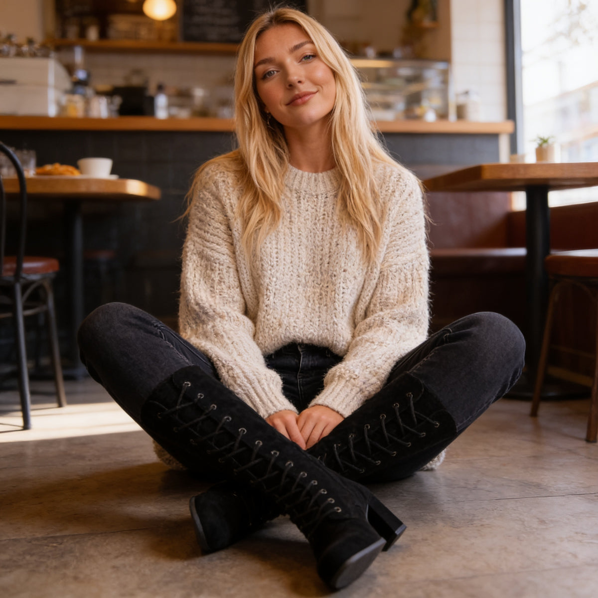 Bottes mi-mollet à lacets, talon carré effet daim – mise en situation, autre vue