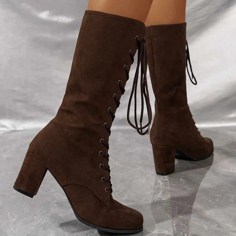 Bottes mi-mollet à lacets, talon carré effet daim – vue 3