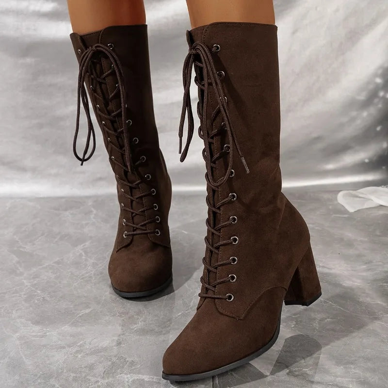 Bottes mi-mollet à lacets, talon carré effet daim – vue 4