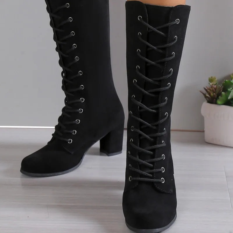 Bottes mi-mollet à lacets, talon carré effet daim – vue 5