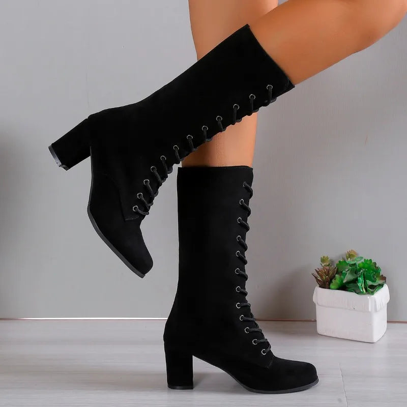 Bottes mi-mollet à lacets, talon carré effet daim – Noir