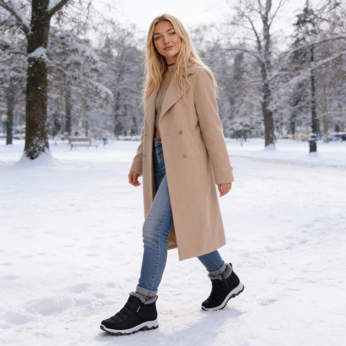 Bottines fourrées à enfiler, semelle crantée – Noir – mise en situation