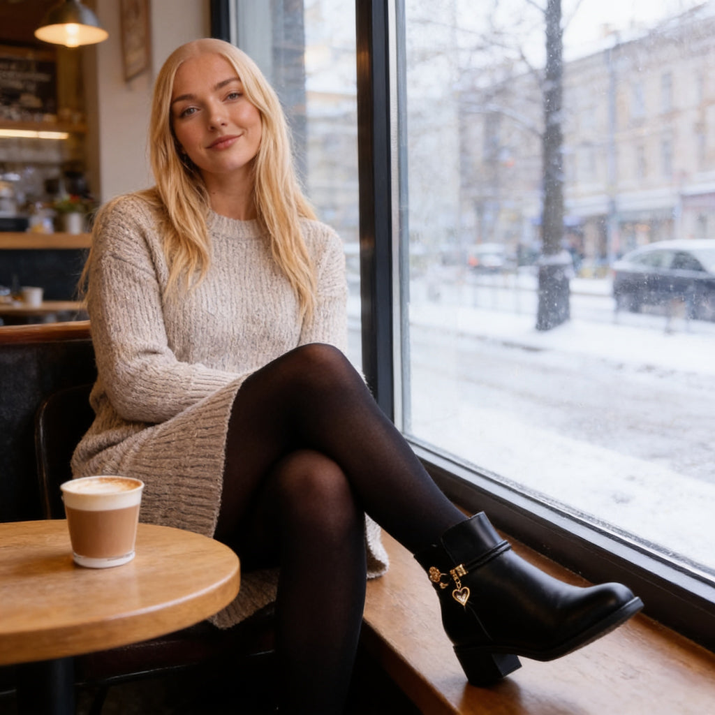 Bottines simili cuir à breloque, talon carré – Noir – mise en situation, autre vue