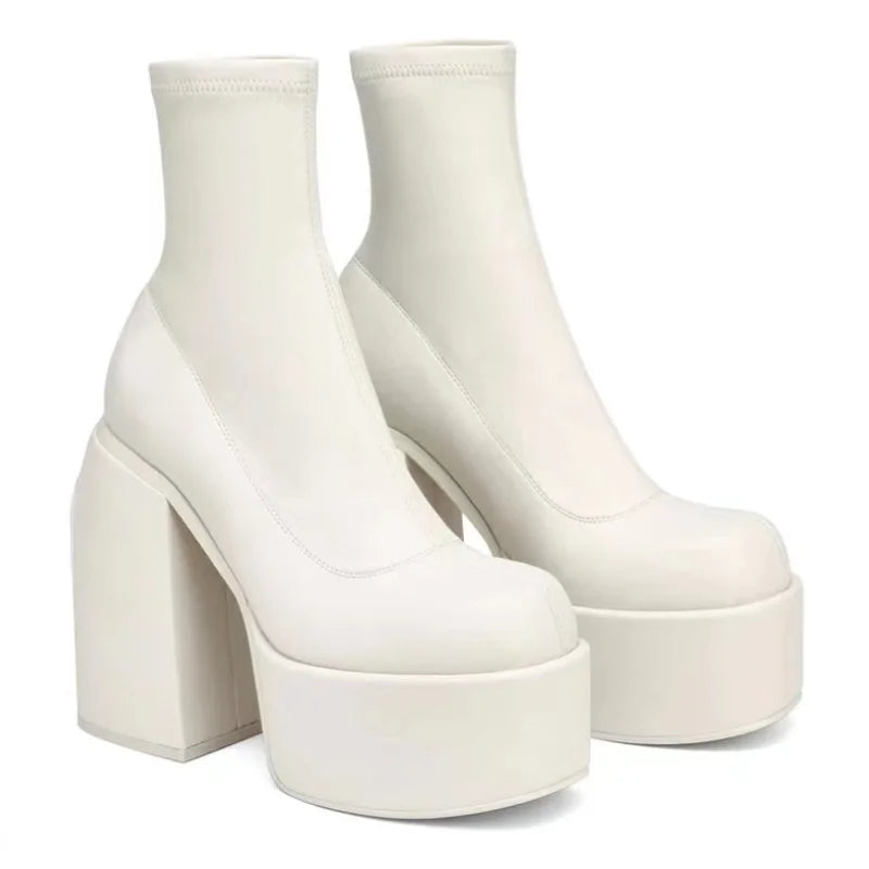 Women New Fashion Short Boots Women Sexy Leather Boot Square toe casual Zipper high… – WHITE – vue 5 | Les Secrets de Léa