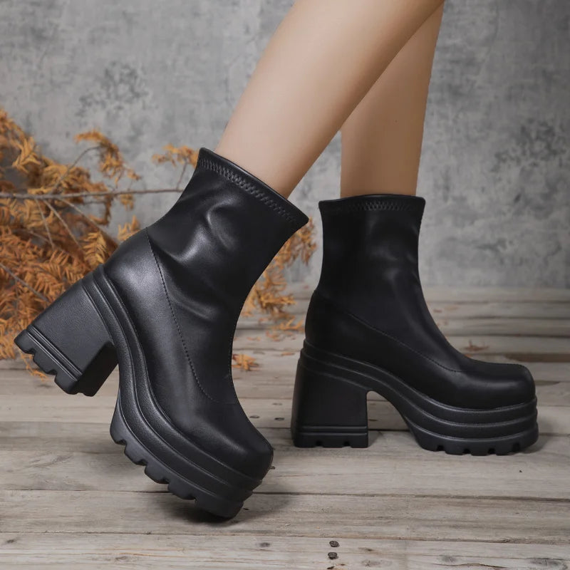 Women New Fashion Short Boots Women Sexy Leather Boot Square toe casual Zipper high heels… – vue 2 | Les Secrets de Léa