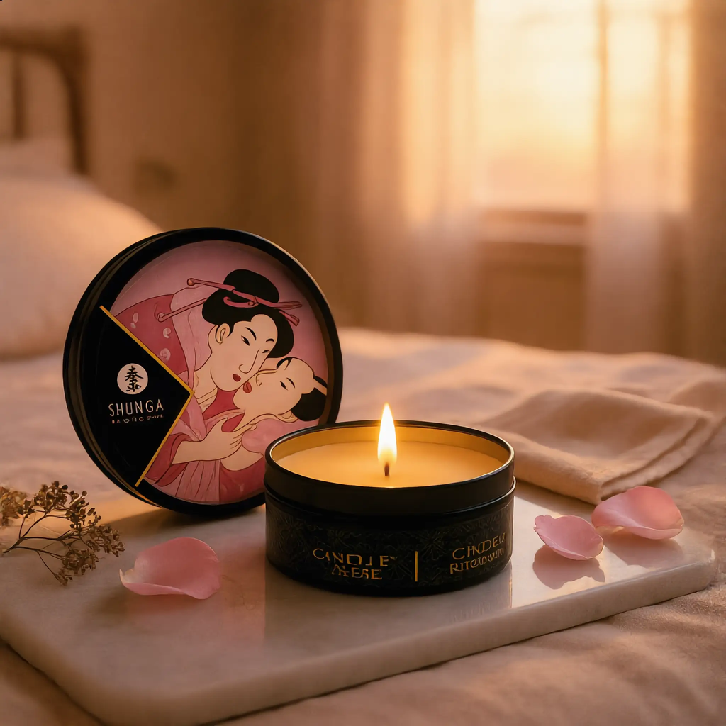 Bougie de massage Shunga Roses, tin noir avec label rose romantique, 30 ml.