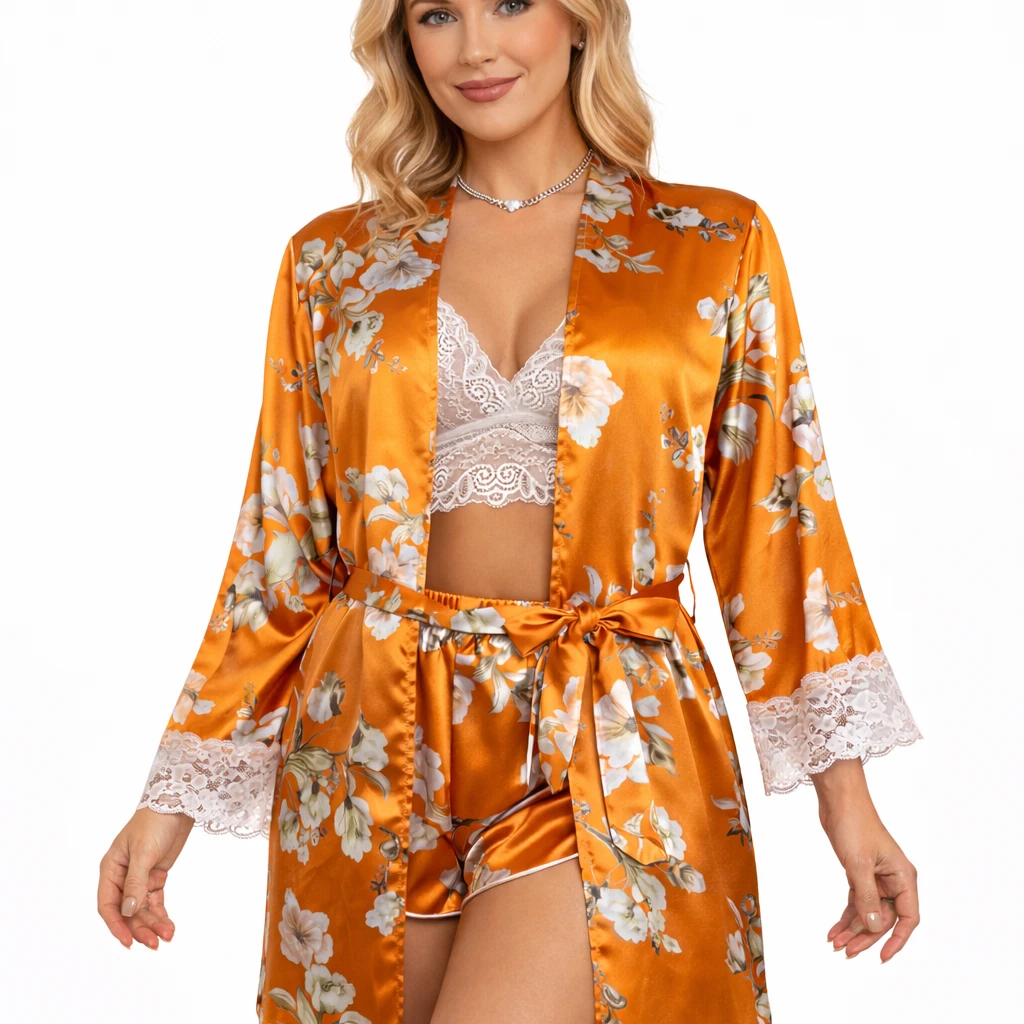 Les Secrets de Léa – Pyjama satin dentelle avec kimono Laly - LSDLBoutique