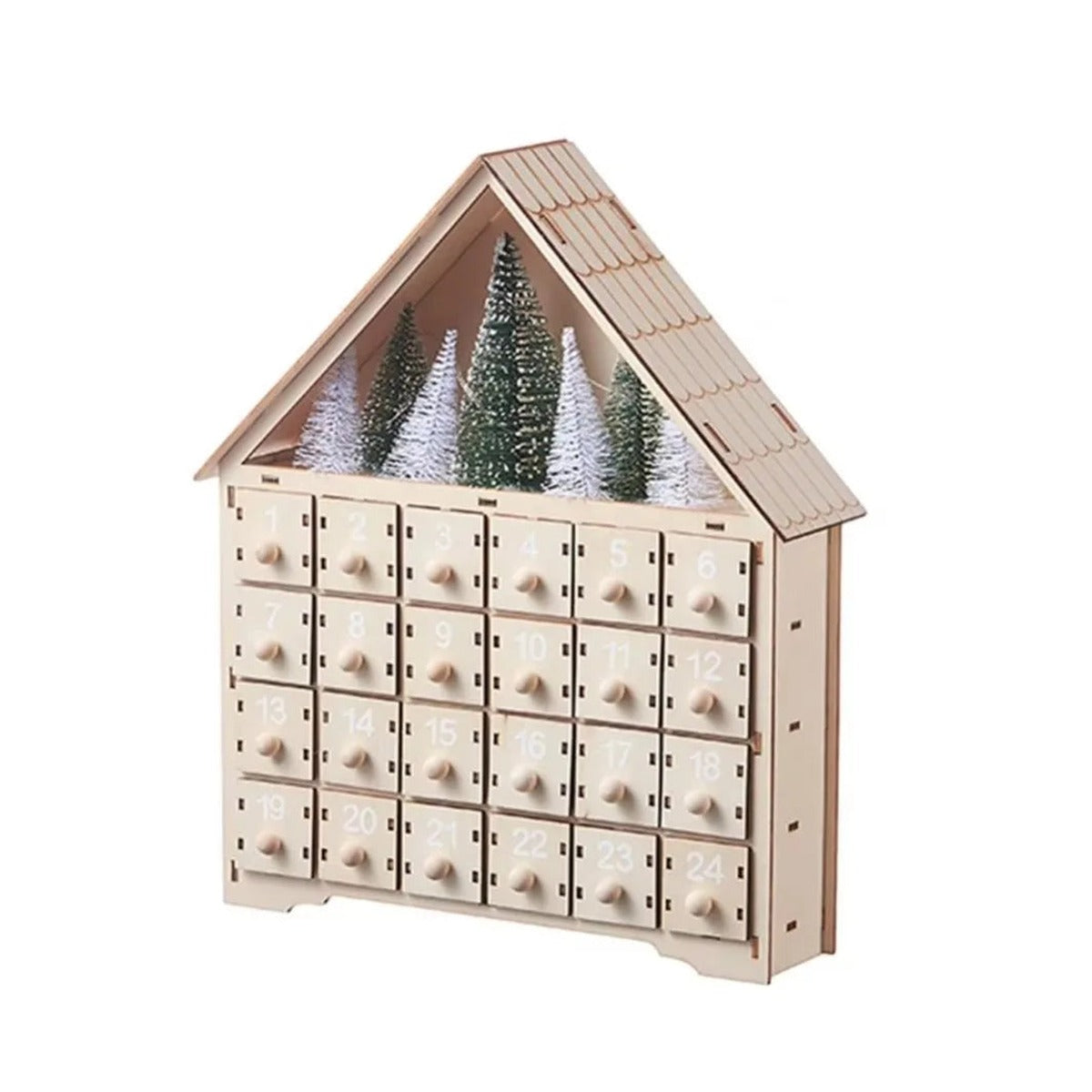 Calendrier de l'Avent en bois – Maison avec LED, 24 tiroirs