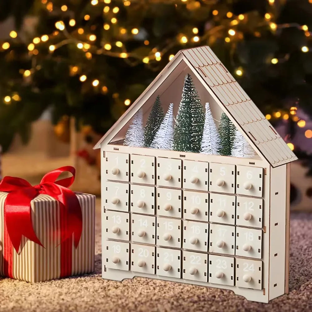 Calendrier de l'Avent en bois – Maison avec LED, 24 tiroirs – vue 2 | Les Secrets de Léa