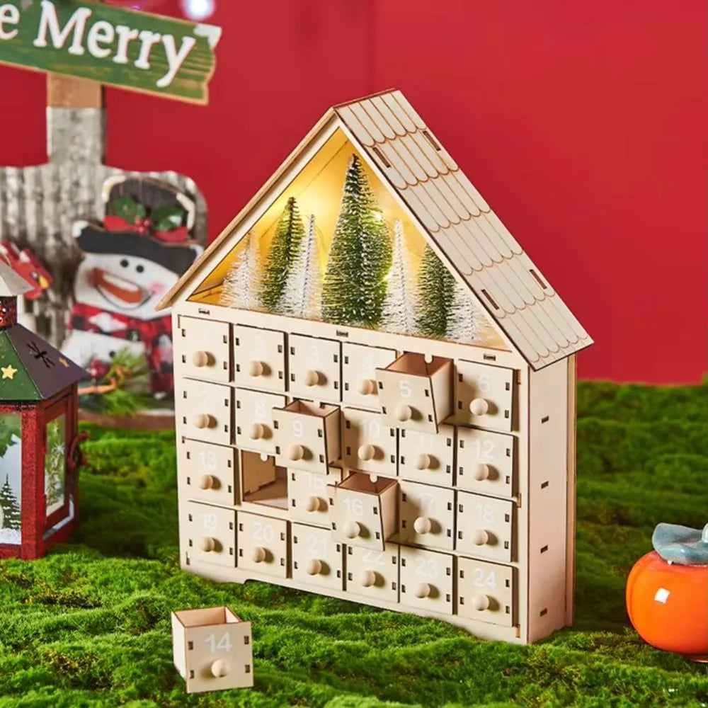 Calendrier de l'Avent en bois – Maison avec LED, 24 tiroirs – vue 3 | Les Secrets de Léa