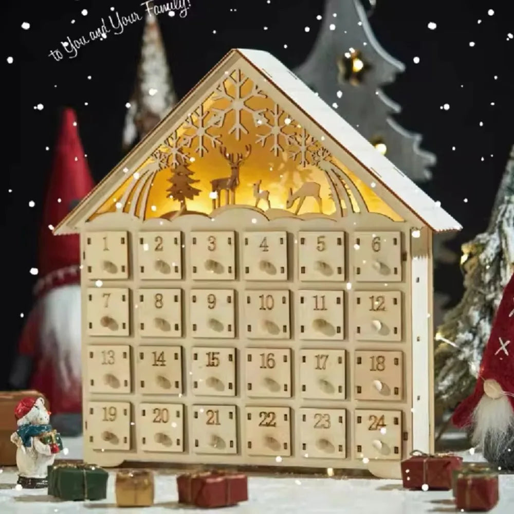 Calendrier de l'Avent en bois – Maison avec LED, 24 tiroirs – vue 4 | Les Secrets de Léa