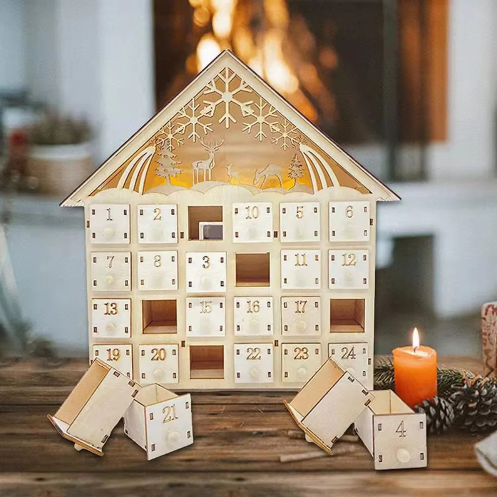 Calendrier de l'Avent en bois – Maison avec LED, 24 tiroirs – vue 6 | Les Secrets de Léa