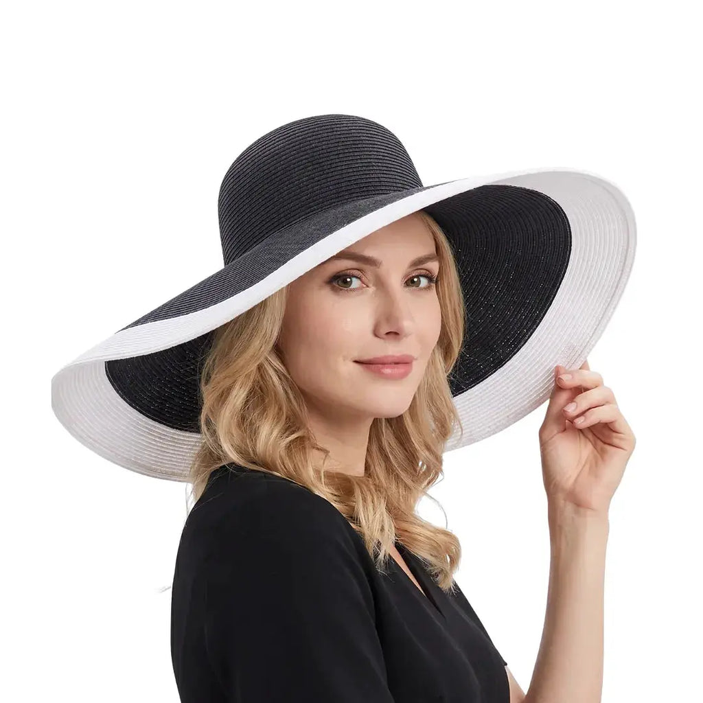 Chapeau de paille pliable à large bord Lawliet A330 noir avec bord blanc, LSDLBoutique