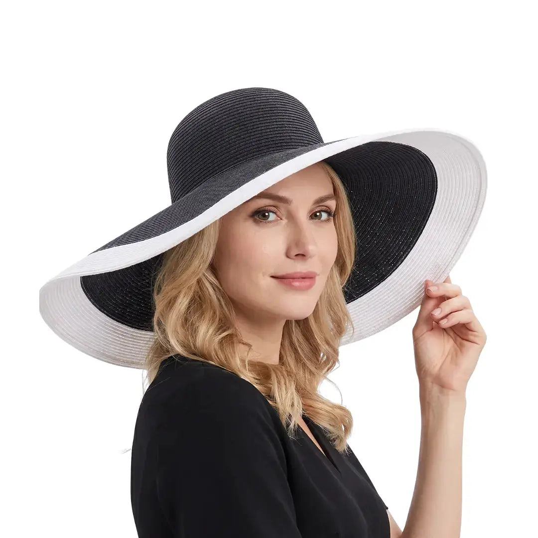 Chapeau de paille pliable à large bord Lawliet A330 noir avec bord blanc, LSDLBoutique