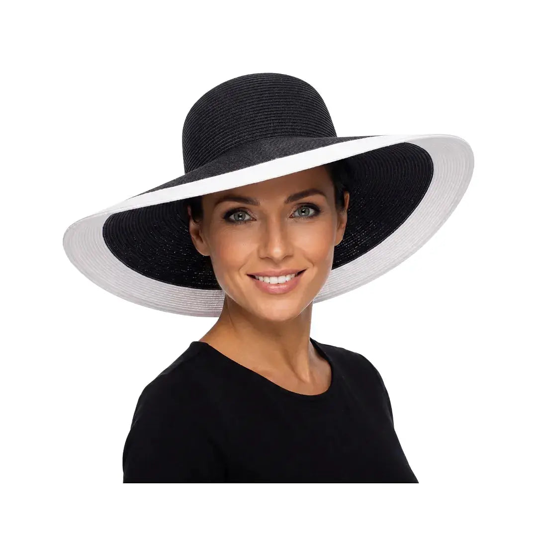 Chapeau de paille pliable à large bord Lawliet A330, noir avec bord blanc, accessoire mode.
