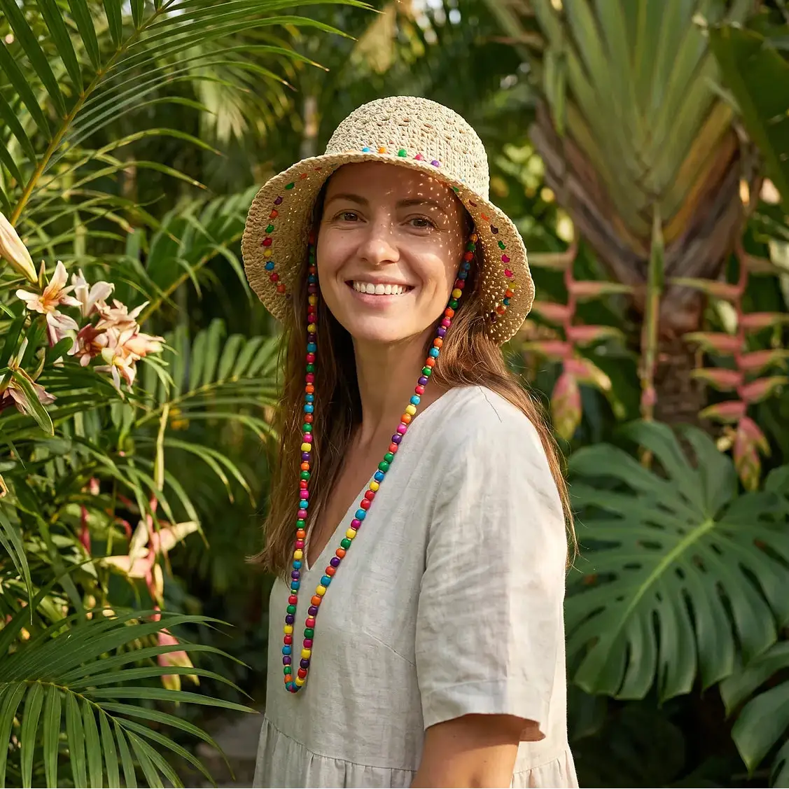 Chapeau seau en polyester tressé, modèle Crochet Perles, avec cordons de perles multicolores.