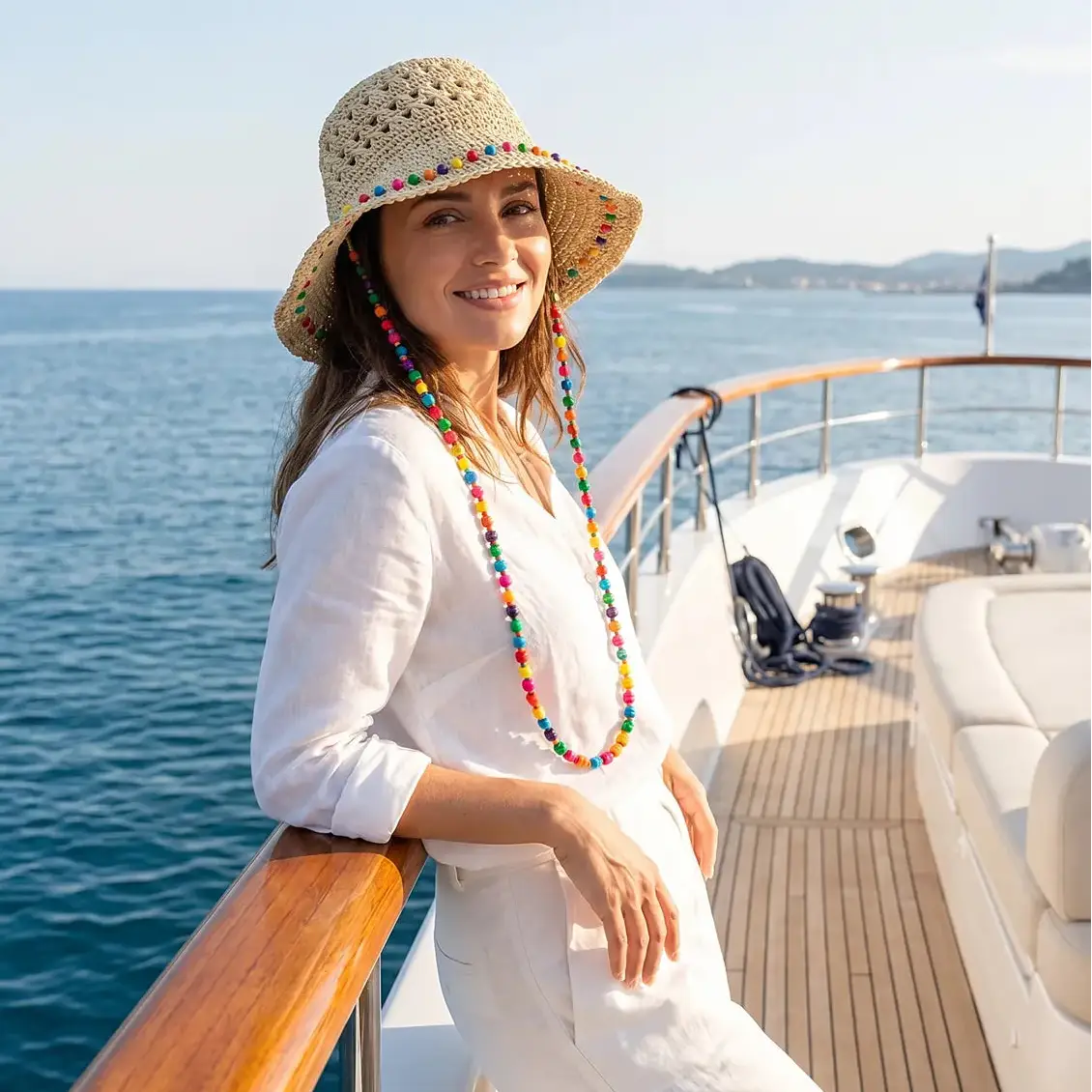 Chapeau seau en polyester tressé beige avec perles multicolores, modèle Crochet Perles – LSDLBoutique