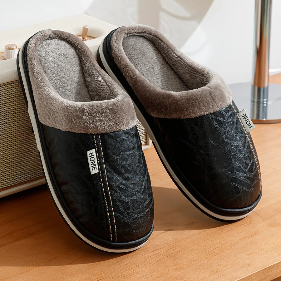 Chaussons homme simili cuir, doublure peluche – 3 coloris – vue 1