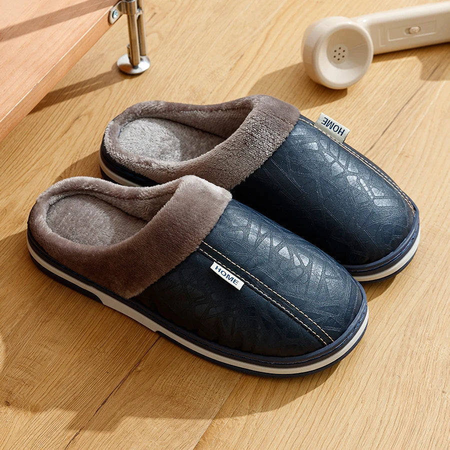 Chaussons homme simili cuir, doublure peluche – 3 coloris – Bleu