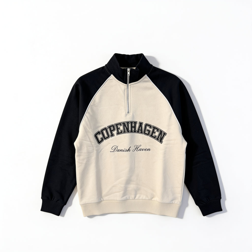 Sweat col zippé Copenhagen sable et noir présenté à plat sur fond blanc