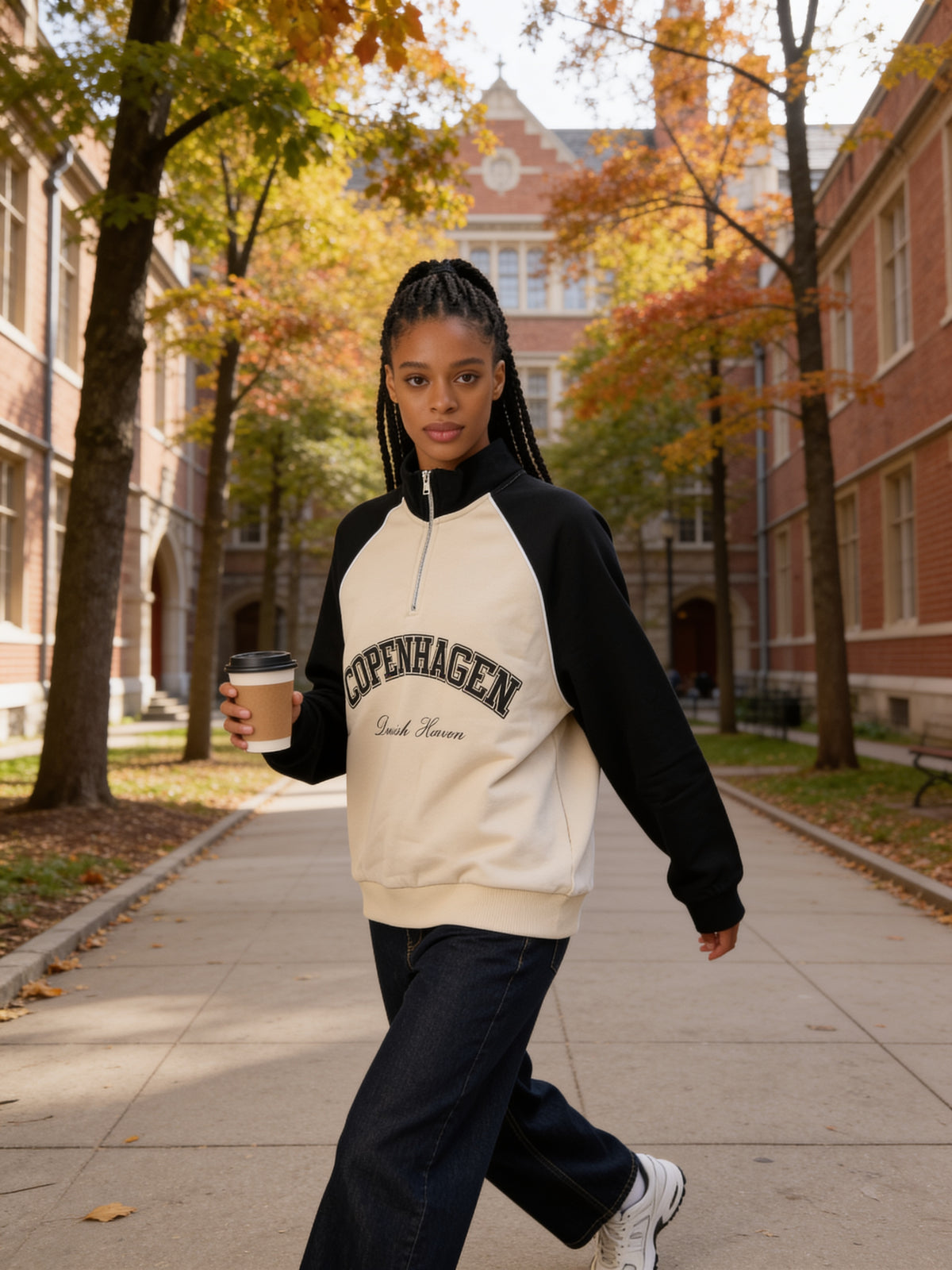 Sweat col zippé Copenhagen sable et noir porté en situation