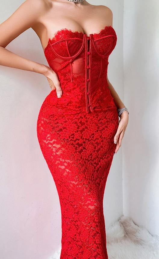 Bustier et jupe longue en dentelle rouge – Joséphine – Les Secrets de Léa