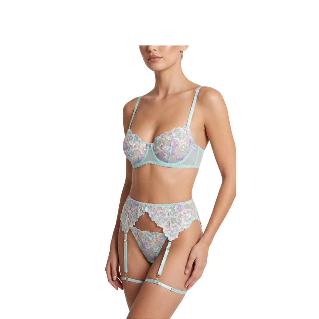 Floral Lace Lingerie Set — Bra, Thong & Garter Belt