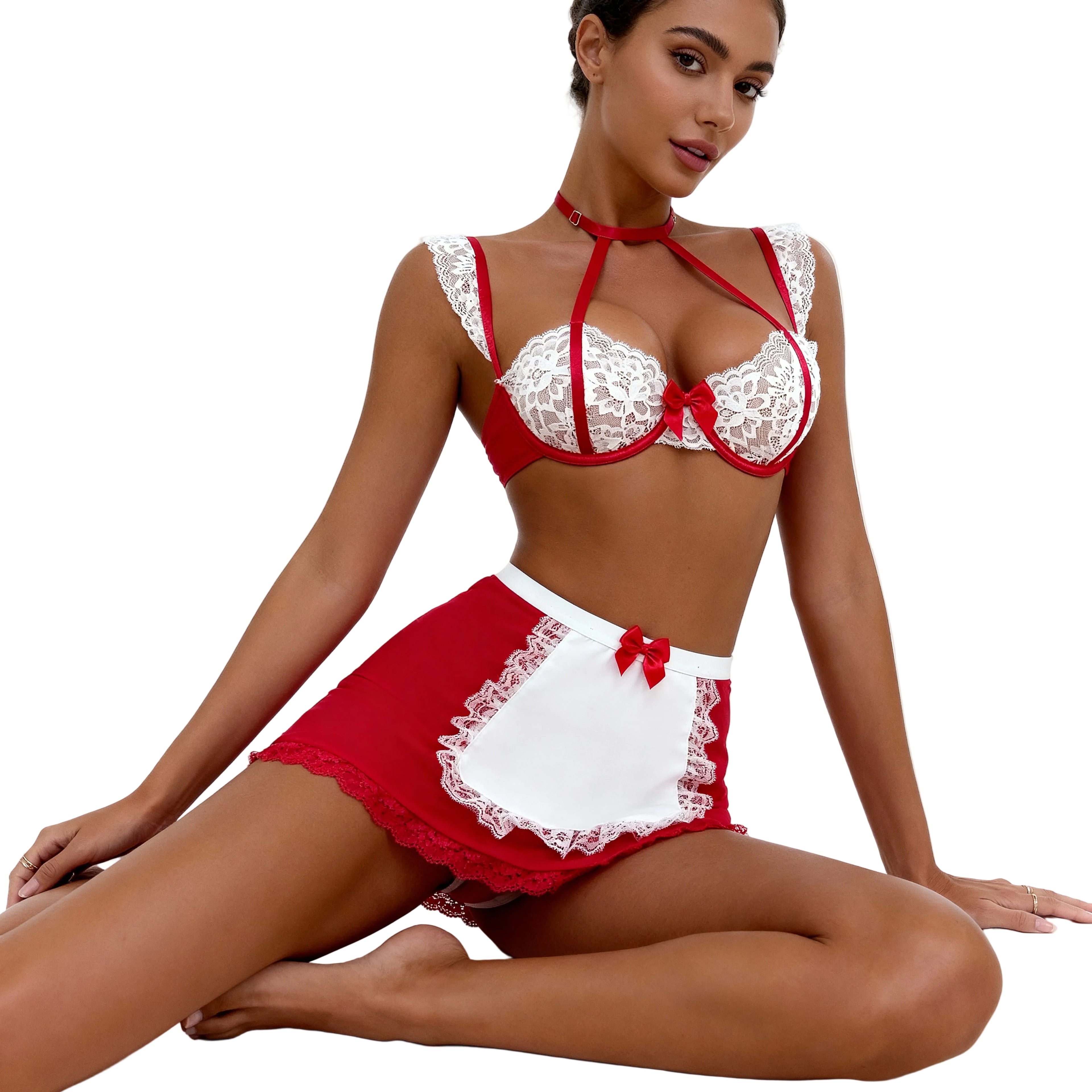Les Secrets de Léa – Ensemble lingerie en dentelle rouge et blanche trois pièces – Louise - LSDLBoutique