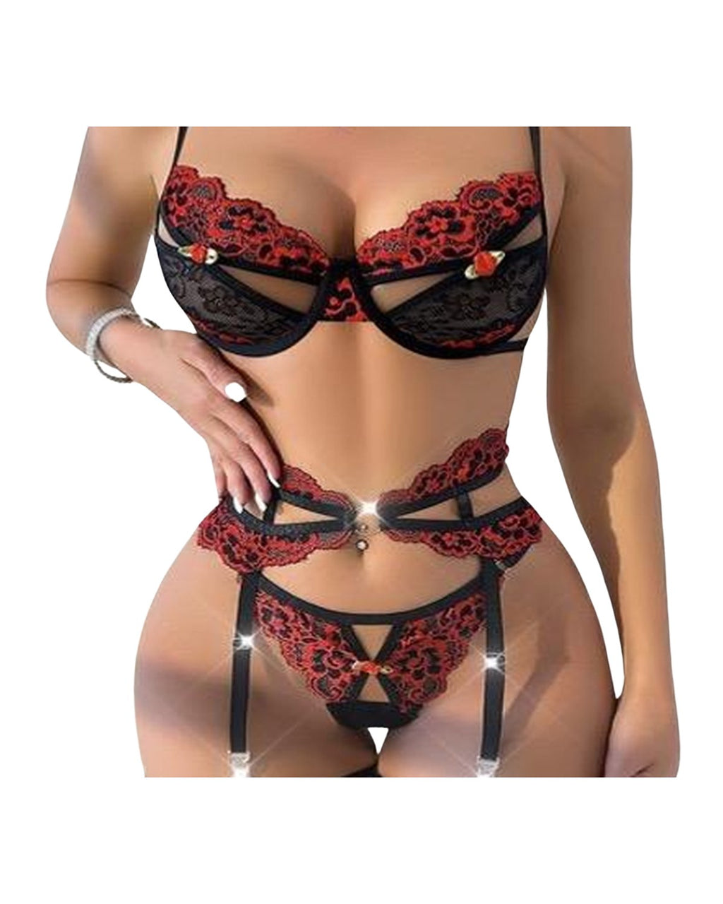 Ensemble noir brodé rouge et porte-jarretelles – Samantha – Les Secrets de Léa