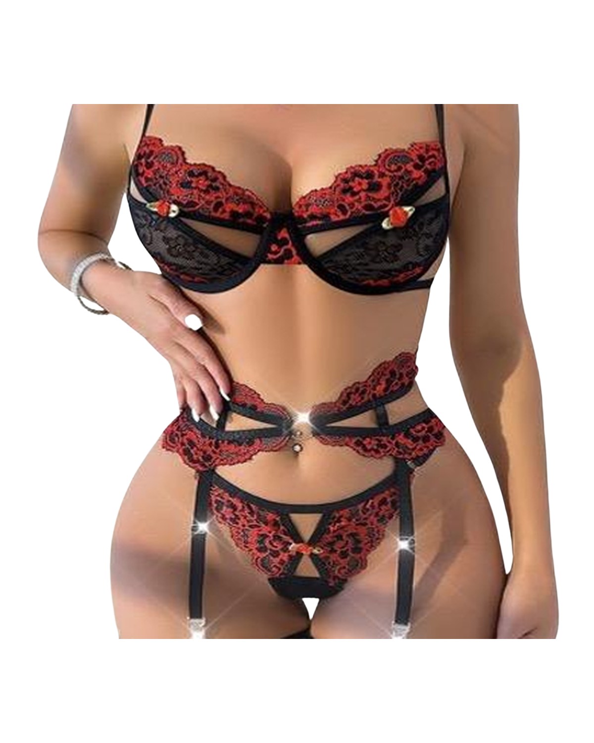 Ensemble noir brodé rouge et porte-jarretelles – Samantha – Les Secrets de Léa