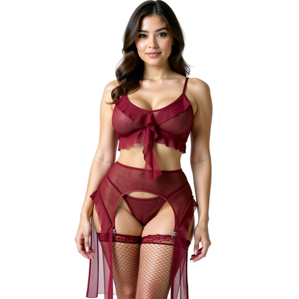 Les Secrets de Léa – Ensemble lingerie en tulle bordeaux trois pièces – Margaux - LSDLBoutique