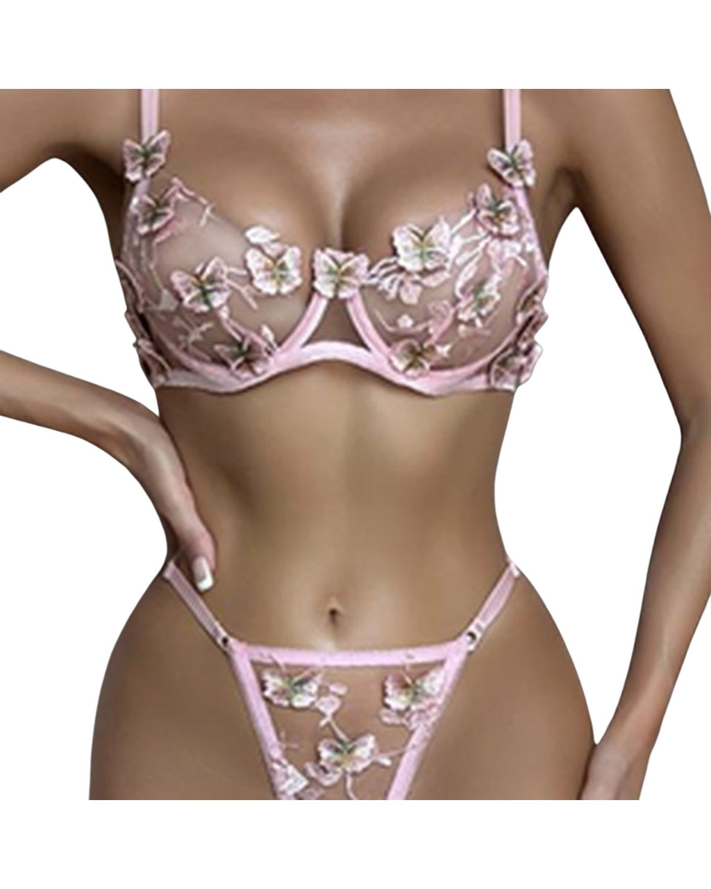 Ensemble Louane en tulle rose brodé de papillons, soutien-gorge et tanga – Les Secrets de Léa