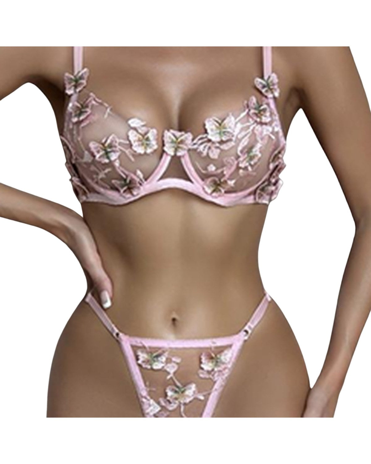 Ensemble Louane en tulle rose brodé de papillons, soutien-gorge et tanga – Les Secrets de Léa