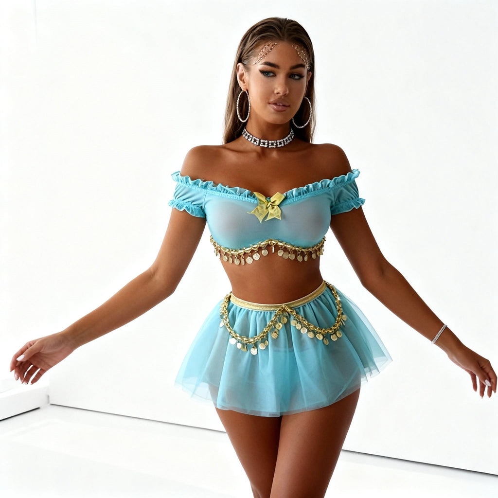 Les Secrets de Léa – Ensemble turquoise trois pièces avec jupe en tulle et ceinture dorée – Elsa - LSDLBoutique
