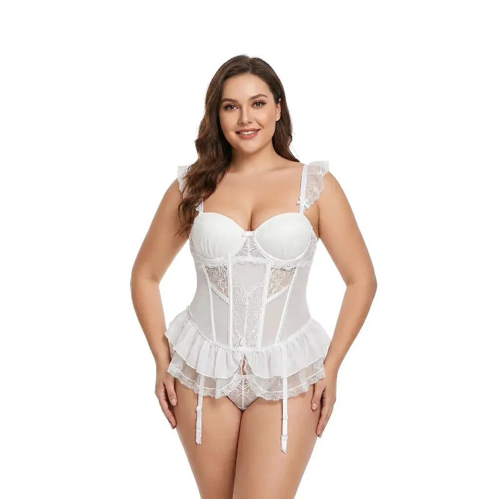 Ensemble lingerie dentelle blanche à bustier corset avec bretelles et jarretelles, culotte assortie