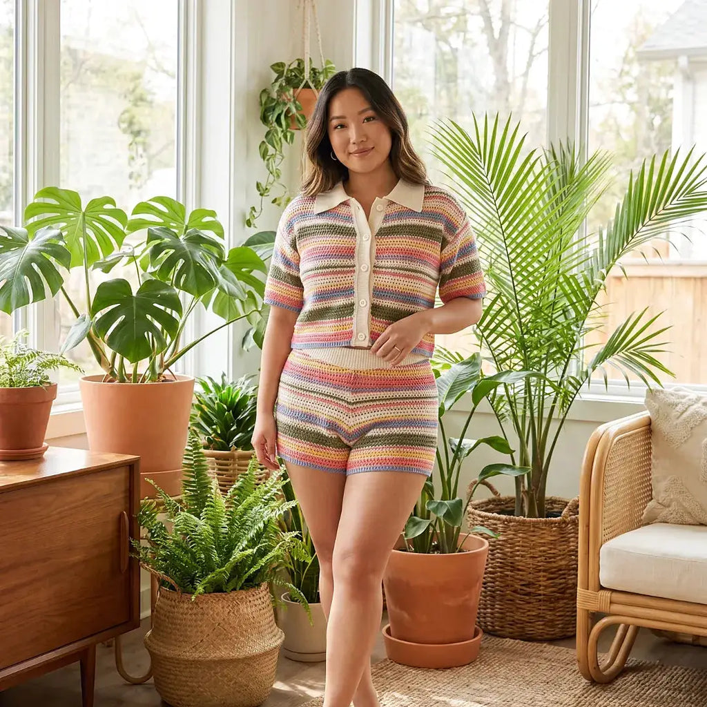 Les Secrets de Léa Samia: ensemble maille crochet rayé polo col beige et shorts multicolore