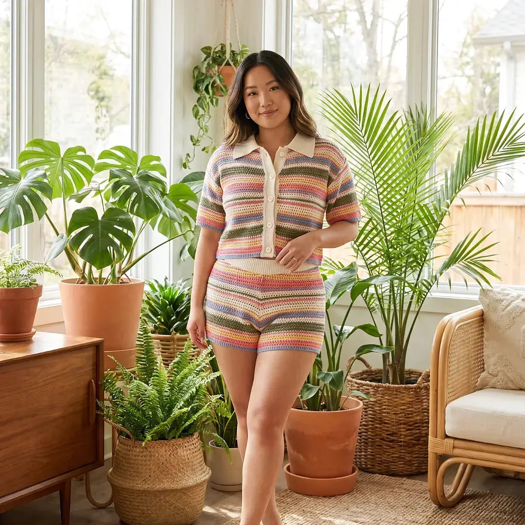 Les Secrets de Léa Samia: ensemble maille crochet rayé polo col beige et shorts multicolore