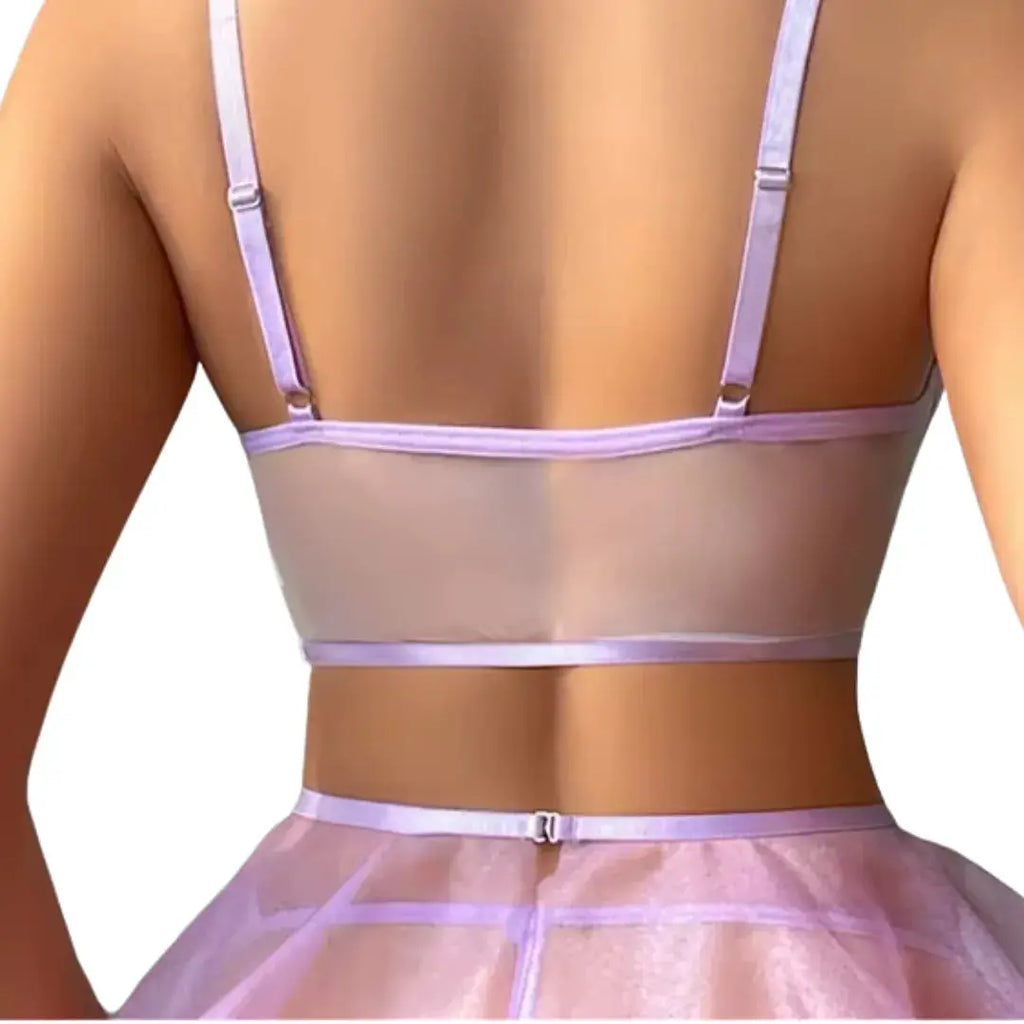 Ensemble Iris lingerie dentelle florale transparente en tulle lilas, 2 pièces