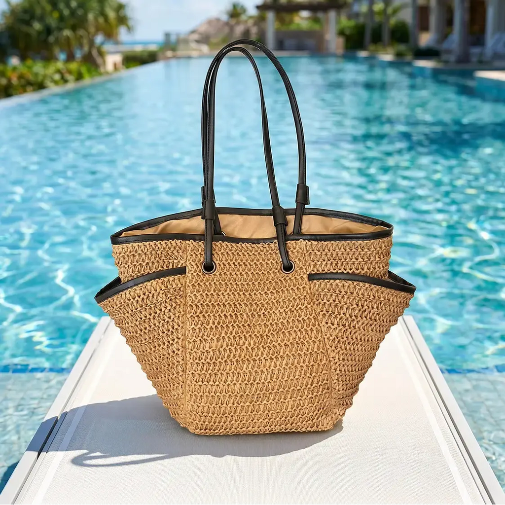 Sac fourre-tout en paille grande capacité MOODS, anses noires et bordures noires