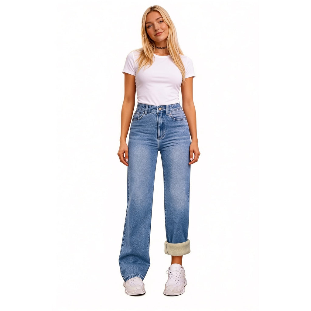 Jean droit doublé polaire femme – Taille haute