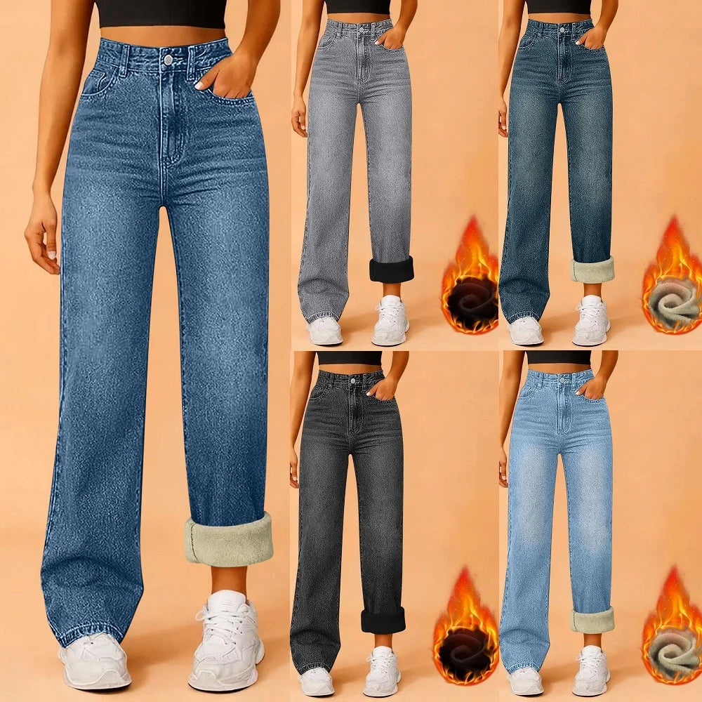 Jean droit doublé polaire femme – Taille haute – vue 2 | Les Secrets de Léa