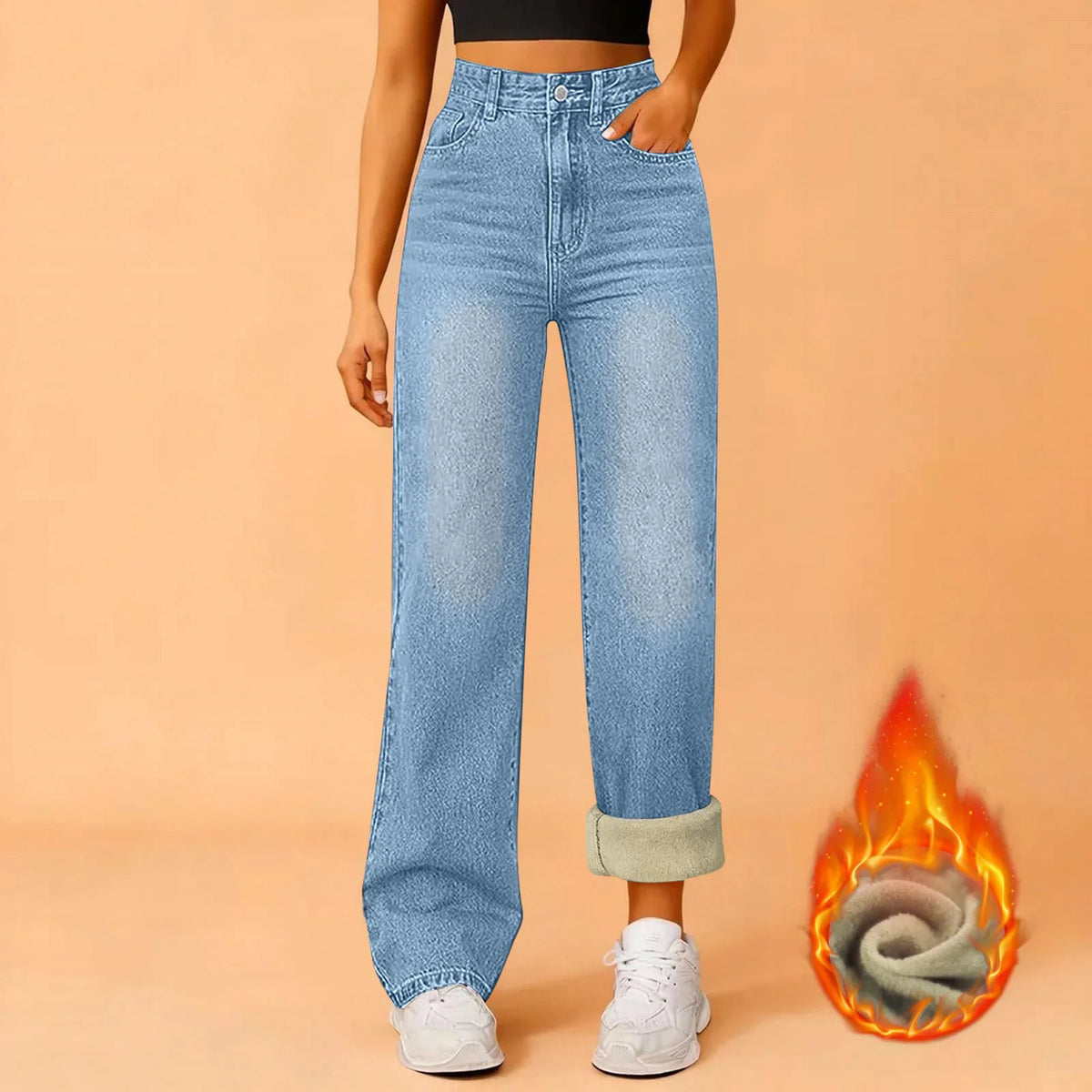 Jean droit doublé polaire femme – Taille haute – vue 3 | Les Secrets de Léa