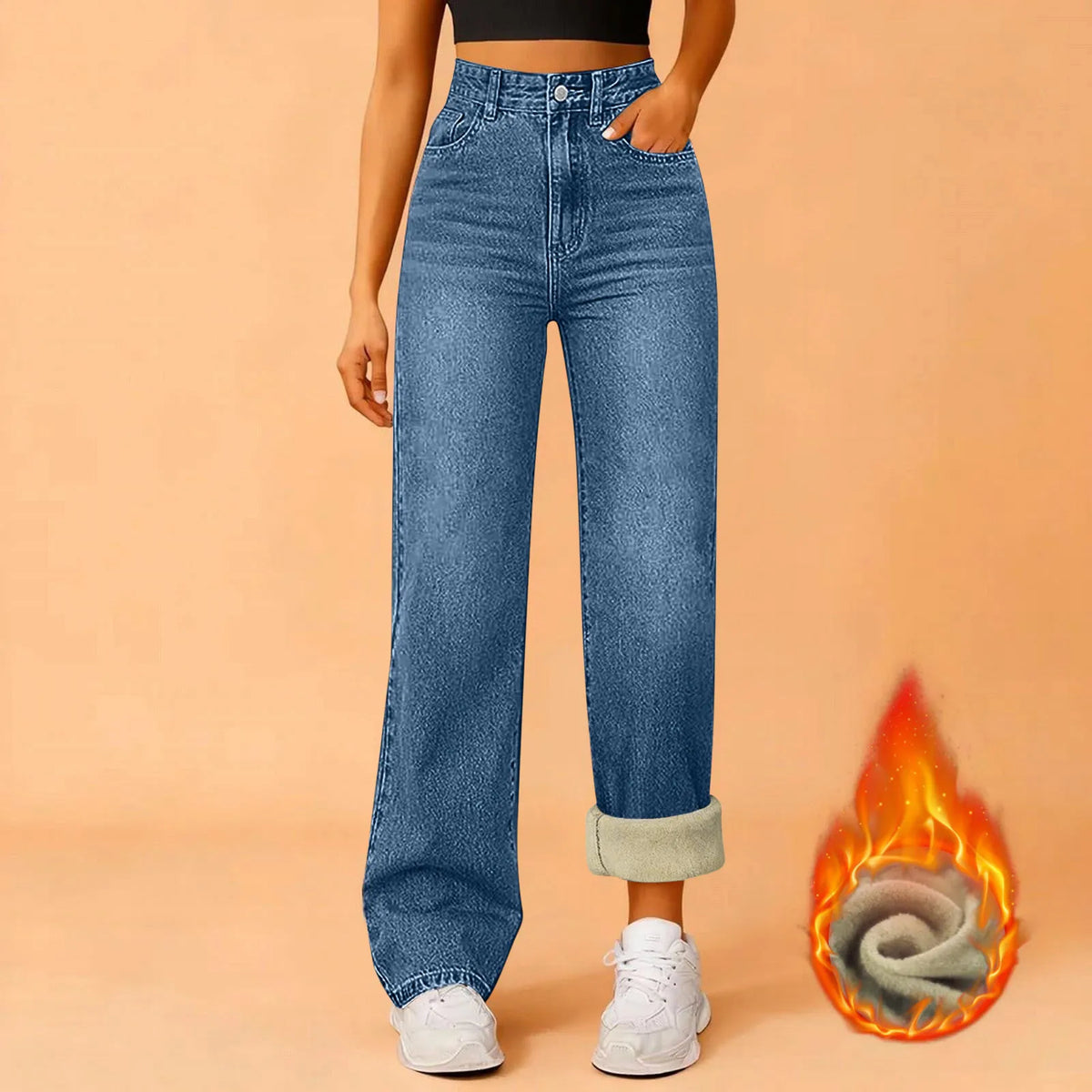 Jean droit doublé polaire femme – Taille haute – vue 4 | Les Secrets de Léa